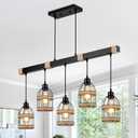 Senyshilon 5-Light Kitchen Island Lighting, Black Farmhouse Chandeliers for Dining Room Light Fixture/Chandelier Over Table, Rustic Rattan Pendant Lighting for Kitchen Island Living Room Restaurant