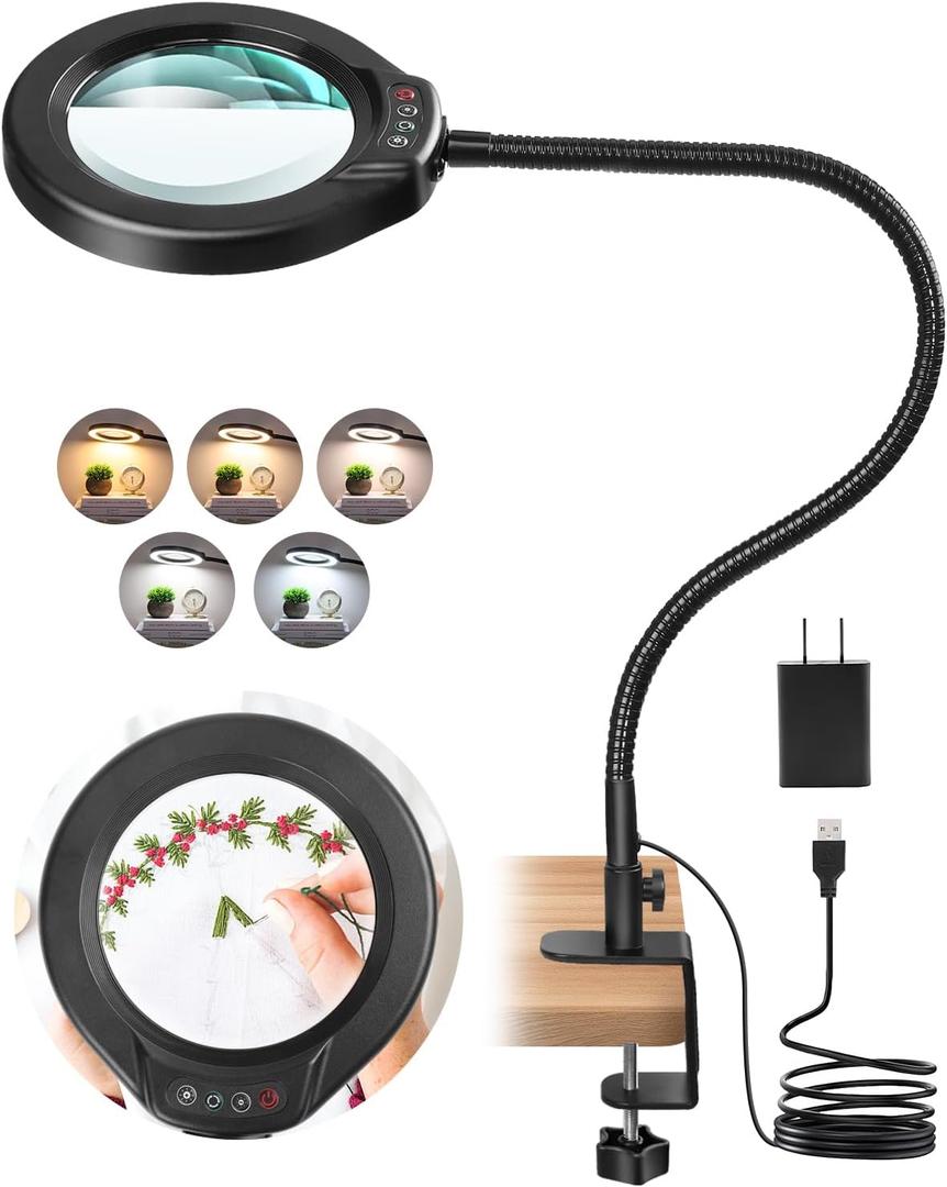 IVMAIE 10X Magnifying Glass with Light and Clamp, 5 Inch Real Glass Magnifying Desk Lamp with Stand, Long Gooseneck, 5 Color Modes Lighted Magnifier Hands Free for Crafts Painting Jewelry Close Work (Black)