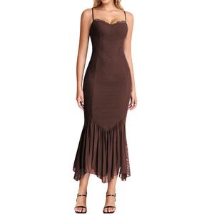 KUTUMAI Women Bodycon Long Formal Dress Asymmetric Hem Lace Neck Wedding Guest Cocktail Maxi Dresses Brown M (Brown, S)