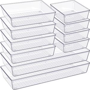 Criusia Drawer Organizer, 5 Pack Large Clear Plastic Kitchen Drawer Organizers Set, 3 Size Versatile Bathroom and Vanity Organizer Trays, Storage Bins for Makeup, Bedroom, Kitchen Utensils (5PACK)