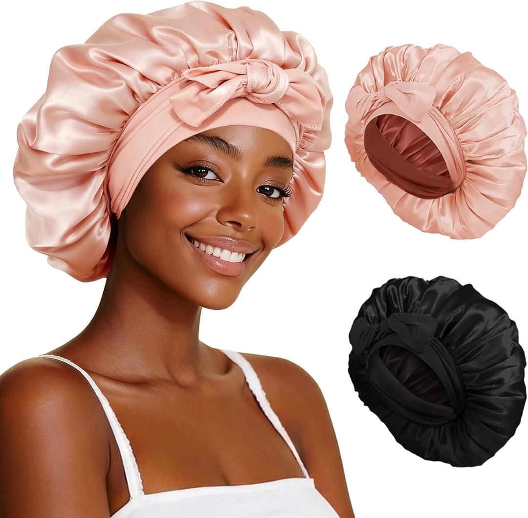 Silk Hair Bonnet with Strap for Sleeping, Double-Layer Satin Sleep Cap for Women, Soft Lining for Curly and Natural Hair (Black/Blush)