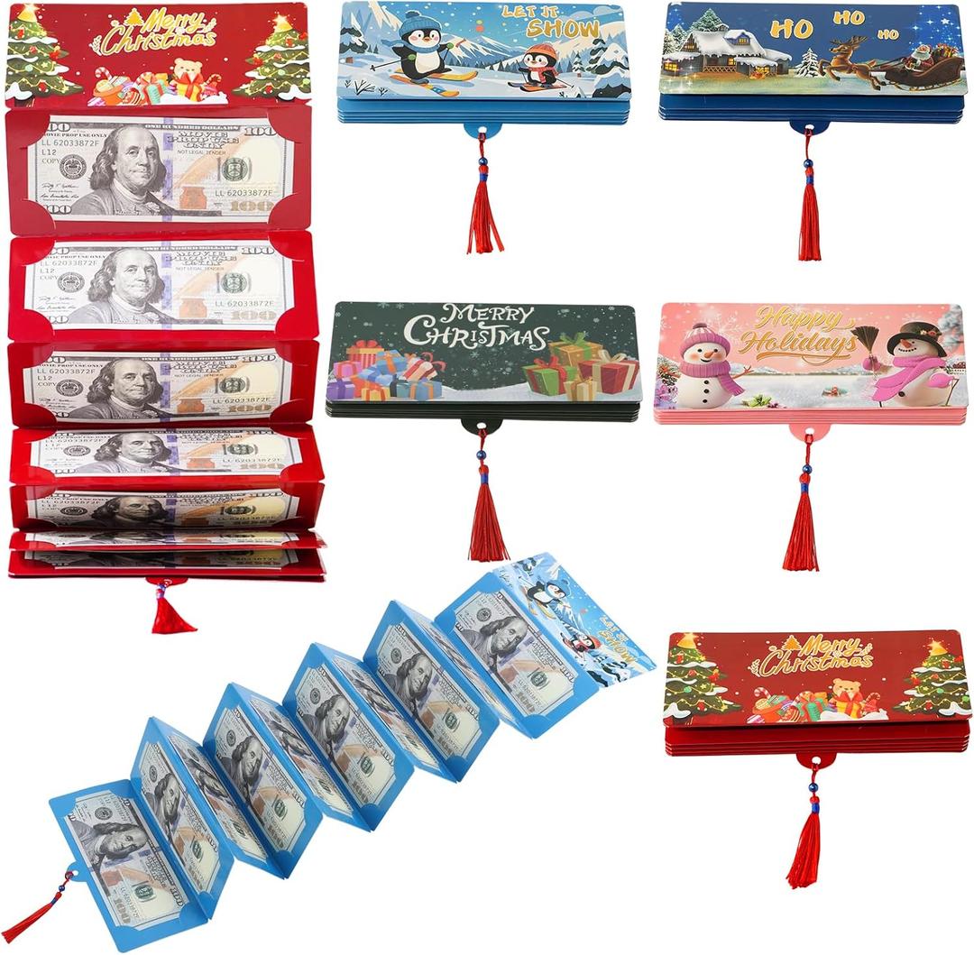 5 PCS Christmas Money Holders Xmas Surprise Money Envelope with 10 Slots as Credit Card Slots Christmas Cash Holder Booklet for DIY Cash Gift Card Wallet Clip Festive Party Decor