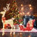 54Christmas Deer Sleigh Set Outdoor Indoor Decoration 3D Lighted Reindeer Red Sleigh Holiday Display Christmas Tree Decorations Lighted up Santa Sleigh Porch/Lawn/Yard/Garden Addition