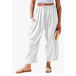 TARSE Womens Linen Wide Leg Pants Casual Loose Drawstring Summer Beach Travel Vacation Palazzo Harem Pants with Pockets, Size M