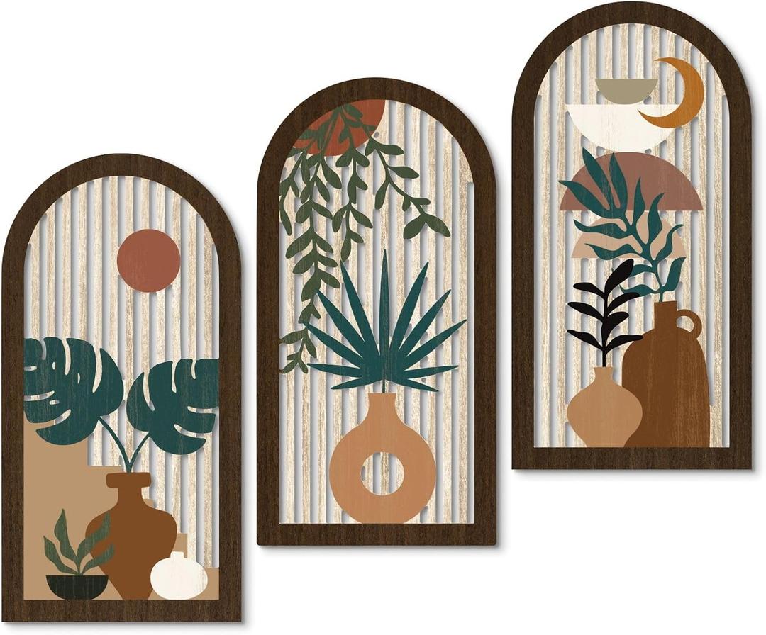 Putuo Decor Boho Wall Art, Abstract Botanical Room Decorations with Leaf & Sun Lines, Modern Minimalist Wooden Wall Decor 16x8 In Mid Century Artwork for Living Room Bedroom Office Set of 3