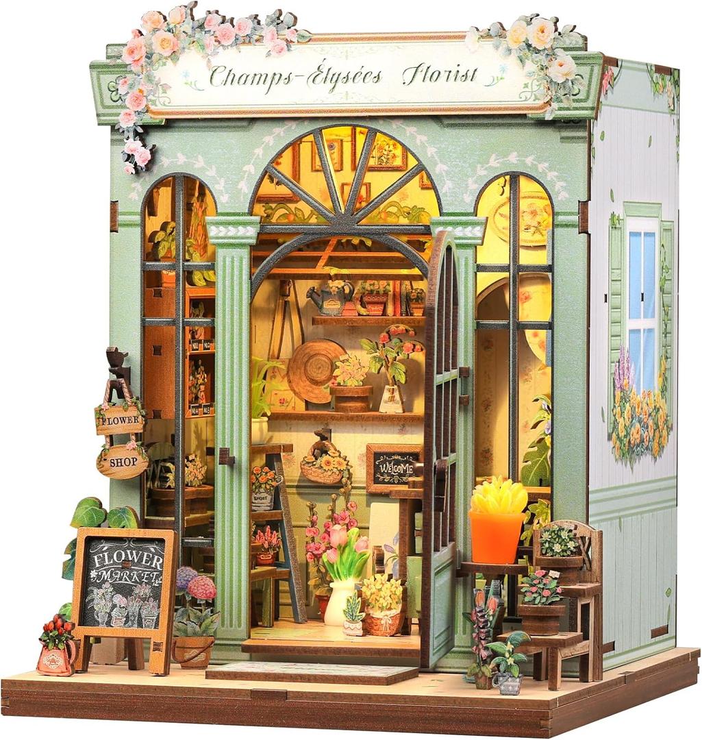 CUTEBEE Book Nook Kit - DIY Miniature House Dollhouse Kit for Adults and Teens, Booknook Tiny House Bookshelf Decor 3D Wooden Puzzle, Gifts for Family, Friends (Champs-lyses Florist)