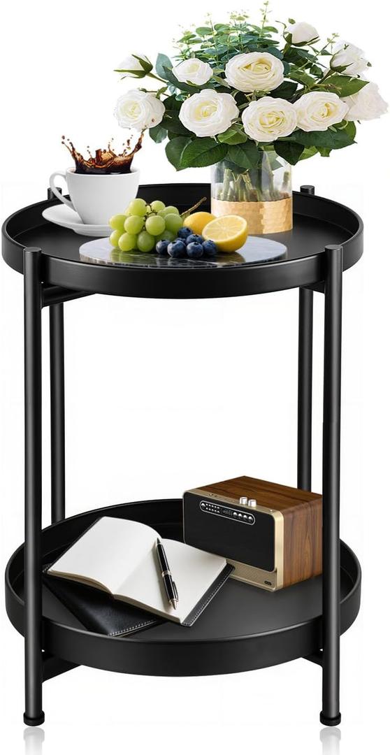 Small Side Table Round for Small Spaces Indoor Outdoor, Mini End Table Metal, 2 Tier Plant Stand Foldable, Bedside Table for Living Room, Bed Side, Sofa Side, Patio, Night Stand 20.5'' Tall, Black