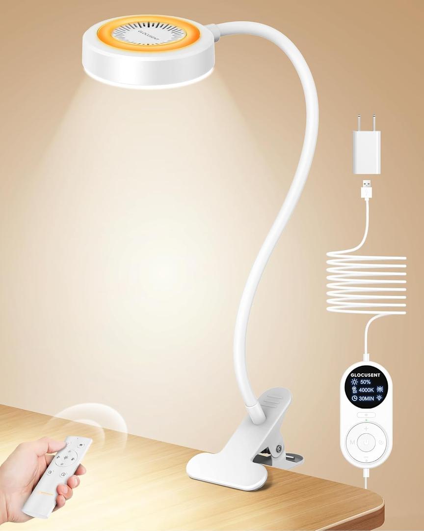 Glocusent 72 LED Clip on Lamp with Remote, Reading Light with Amer Ring Night Light, 3 Colors & 5 Dimmable Desk Lamp with Clamp, Auto-Off Timer for Night Reading, Bed Light for Headboard/Dorm/Bunk (White)