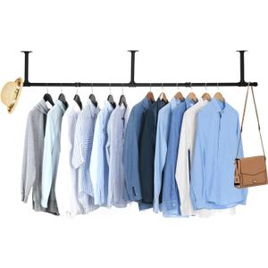 Oroonoko Industrial Pipe Clothes Rack, Heavy Duty 60inch Iron Garment Rack Ceiling Mounted, Rustic Saving Space Clothes Bar Multi-Purpose Hanging Rod for Bedroom, Closet, Laundry Room and Plants hanging (Black-HangStyle)
