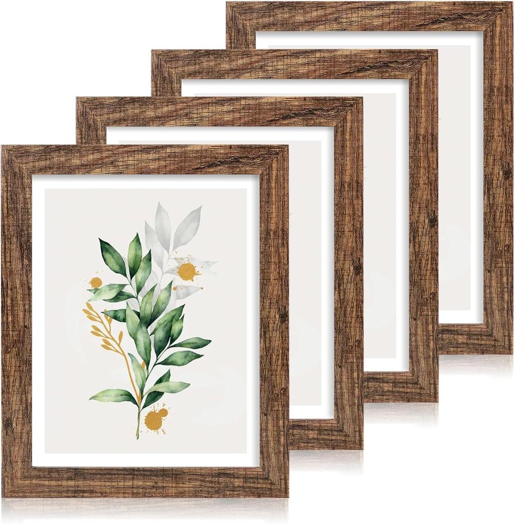 11x14 Picture Frame Set of 4, Made of Glass and Rustic Brown Wooden Frame, Display 8x10 Pictures with Mat or 11 x 14 Posters without Mat for Wall Mounting, Gallery Photo Frames