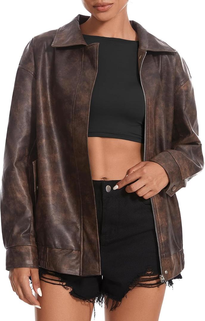 Casly Lamiit Women's Faux Leather Jacket Oversized Motorcycle Zipper Bomber Coats Fashion Casual Travel Outfits, Brown, X-Small