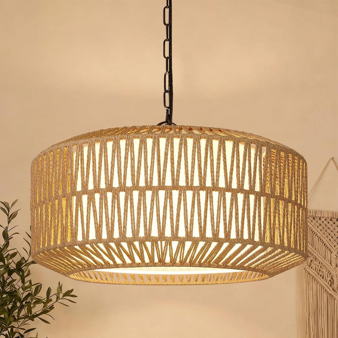 Farmhouse Chandelier Light Fixture, 5-Light Rattan Boho Chandeliers for Dining Room, Hand Woven Pendant Light with Linen Shade, Rustic Hanging Lighting for Kitchen Island, Bedroom (Bulb Not Included)