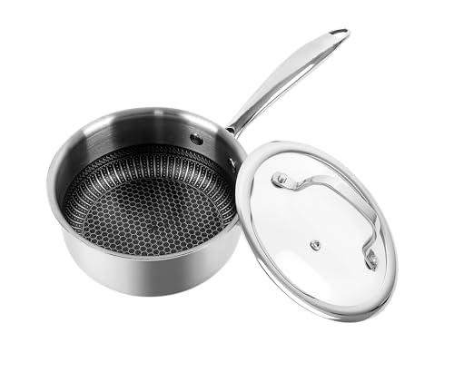 Prime Cuisine 1.3QT Tri-Ply Hybrid Stainless Steel Saucepan , Non Stick Small Sauce Pan for Cooking, Honeycomb Nonstick Pot, Induction Compatible Saucepan, Stay Cool Handle, Oven Safe, (Without a Lid)