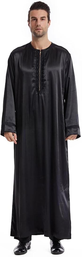 Men's Islamic Arab Kaftans Robe for Eid, Dubai Ramadan Daily Clothes - Muslim Thobe Shirt (Black, XL)