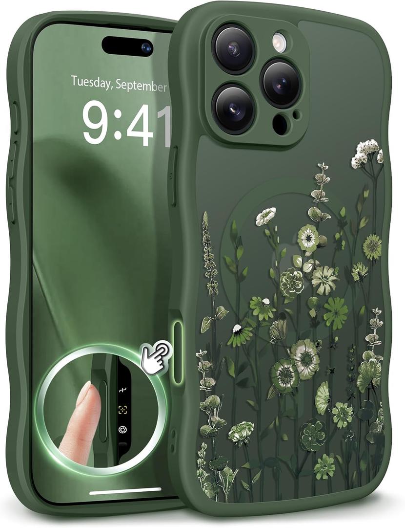 GVIEWIN for iPhone 16 Pro Case Compatible with MagSafe [Curly Wave Edge][Full Camera Protection] Floral Translucent Shockproof Magnetic Women Phone Case for iPhone 16 Pro 6.3'',Floratopia/Forest Green