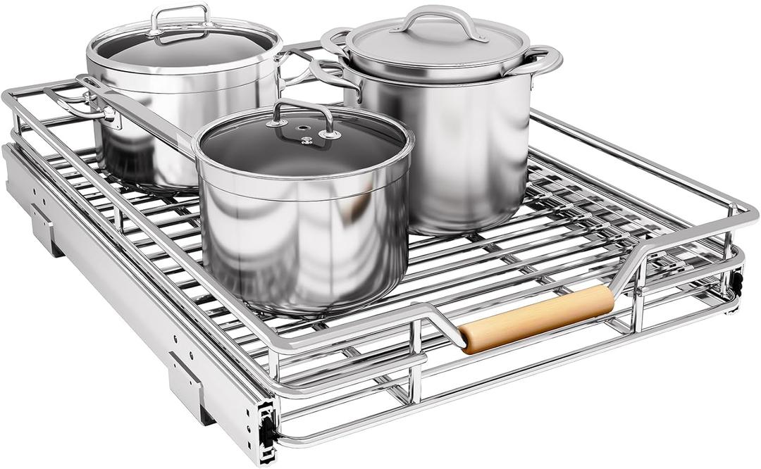 Pull out Cabinet Organizer, 15"W X 21"D, Heavy Duty Smooth Sliding Under Cabinet Shelves for Pots and Pans, Full-Extension Roll out Drawers, Slide out Organization for Home Kitchen Pantry (Chrome)