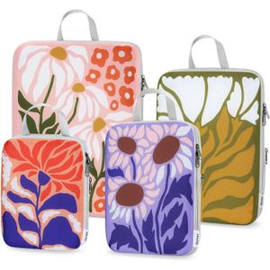 Gonex Compression Packing Cubes, 4pcs Expandable Storage Travel Luggage Bags Organizers, Travel Cubes for Suitcase Carry On (Flowers)