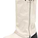 Knee High Boots Women Chunky Platform Moto Riding Boots Slouchy Fold Over Wide Calf Motorcycle Biker Boots for Women with Fashion Buckle (7, White)