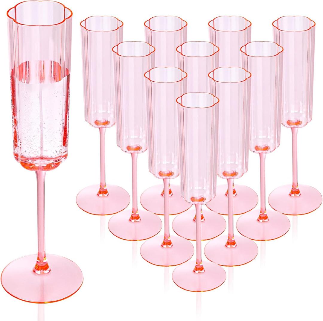 YOUBET 36 Pack Pink Champagne Flutes Plastic - 6 Oz Flower Wavy Champagne Plastic Glasses - Heavy Duty Vintage Disposable Flutes for Wedding Party Birthday Anniversary