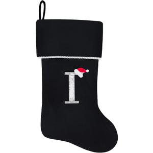 20 Inches Initial Monogram Black Christmas Stocking, Personalized Large Embroidered Letter Velvet Christmas Stocking with Gold Trim Decoration for Family Christmas Holiday Party Decor(Letter I)