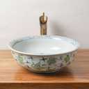 Ceramic Bathroom Vessel Sinks Vintage100% Hand Painted Blue and White Porcelain Flowers, and fishs Round Sink Bowl For Vanity Top (Green white)