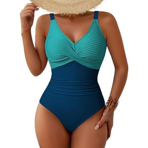 Pink Queen Women One Piece Swimsuit 2026 Patchwork Twist Front V Neck Ruched Tummy Control Swimwear Bathing Suits (Blue, L)