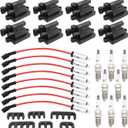 Set of 8 Black Square Ignition Coils + Platinum Spark Plugs and Red Wires Replacement for Chevrolet Chevy GMC Savana 1500 2500 3500 Sierra 4.8L 5.3L 6.0L Replace UF271 748EE 12558693 12570553