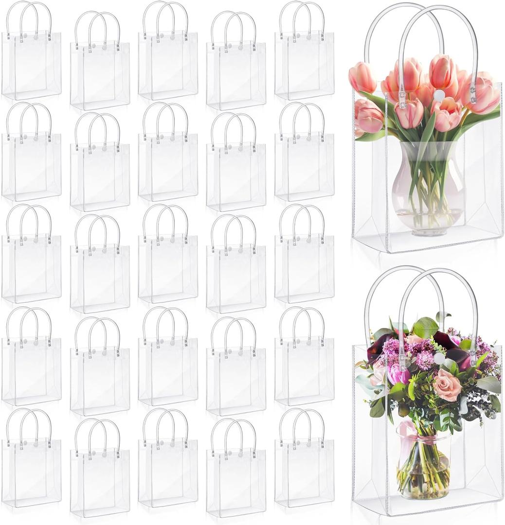 LEIFIDE 50pcs Clear Plastic Gift Bags with Handles PVC Reusable Transparent Totes Bags for Goodie Candy School Birthday Party(5.1 x 5.9 x 2.7 Inch)