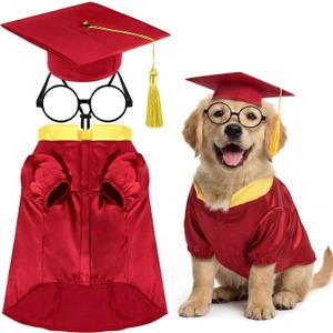 Huhumy 3 Pcs Dog Graduation Costume Set Include Pet Graduation Gown Adjustable Puppy Grad Cap with Gold Tassel Lensless Glasses for Dogs Cats Holiday Costume Accessory(Red,L)