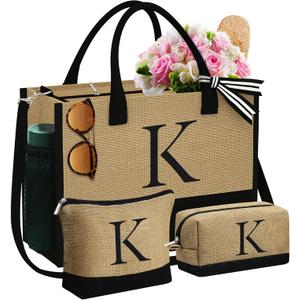 YOOLIFE Mothers Day Gifts - Initial Jute Tote Bag & 2 Makeup Bags Personalized Gifts for Women Teacher Mom Friend Birthday