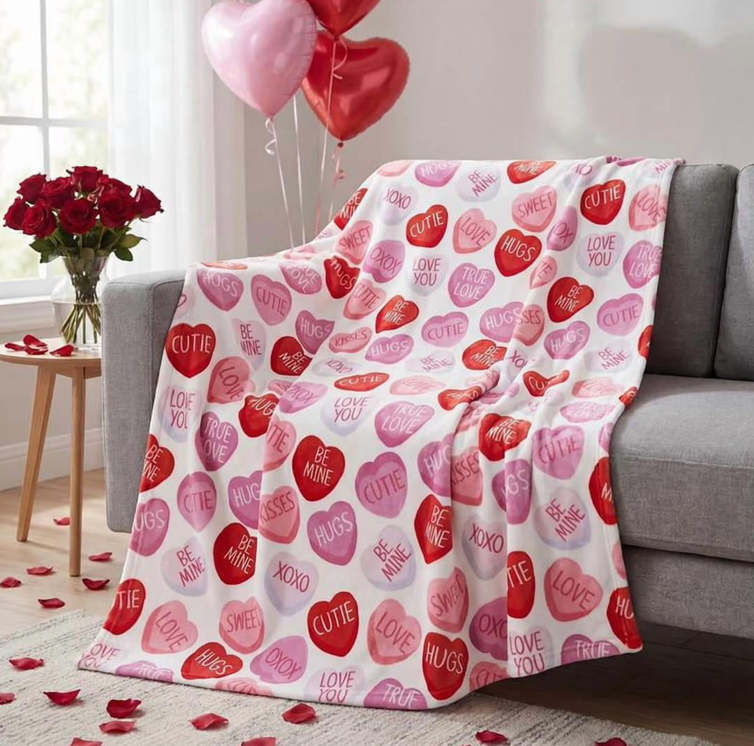 Valentine Flannel Blanket Throw, Pink Hearts with Words Soft Fuzzy Plush Cozy Fleece Blankets for Couch Sofa Bed Lounging, Ideal Gifts for Kids Adults Wife Self, 50x60
