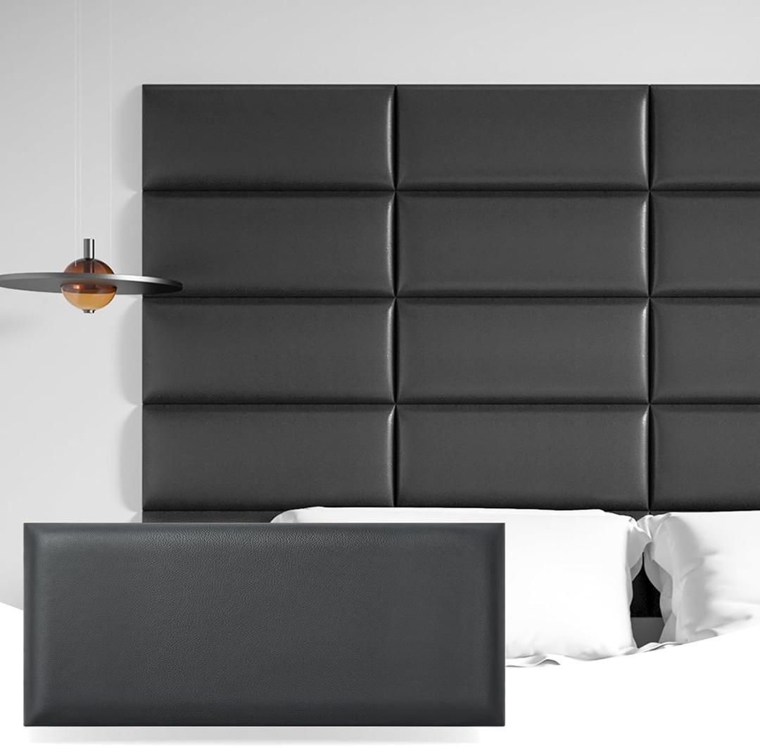 Art3d Peel and Stick Black King Headboard, 12-Pack Upholstered Headboard for Queen, Full-Size Bed, Padded Wall Panel