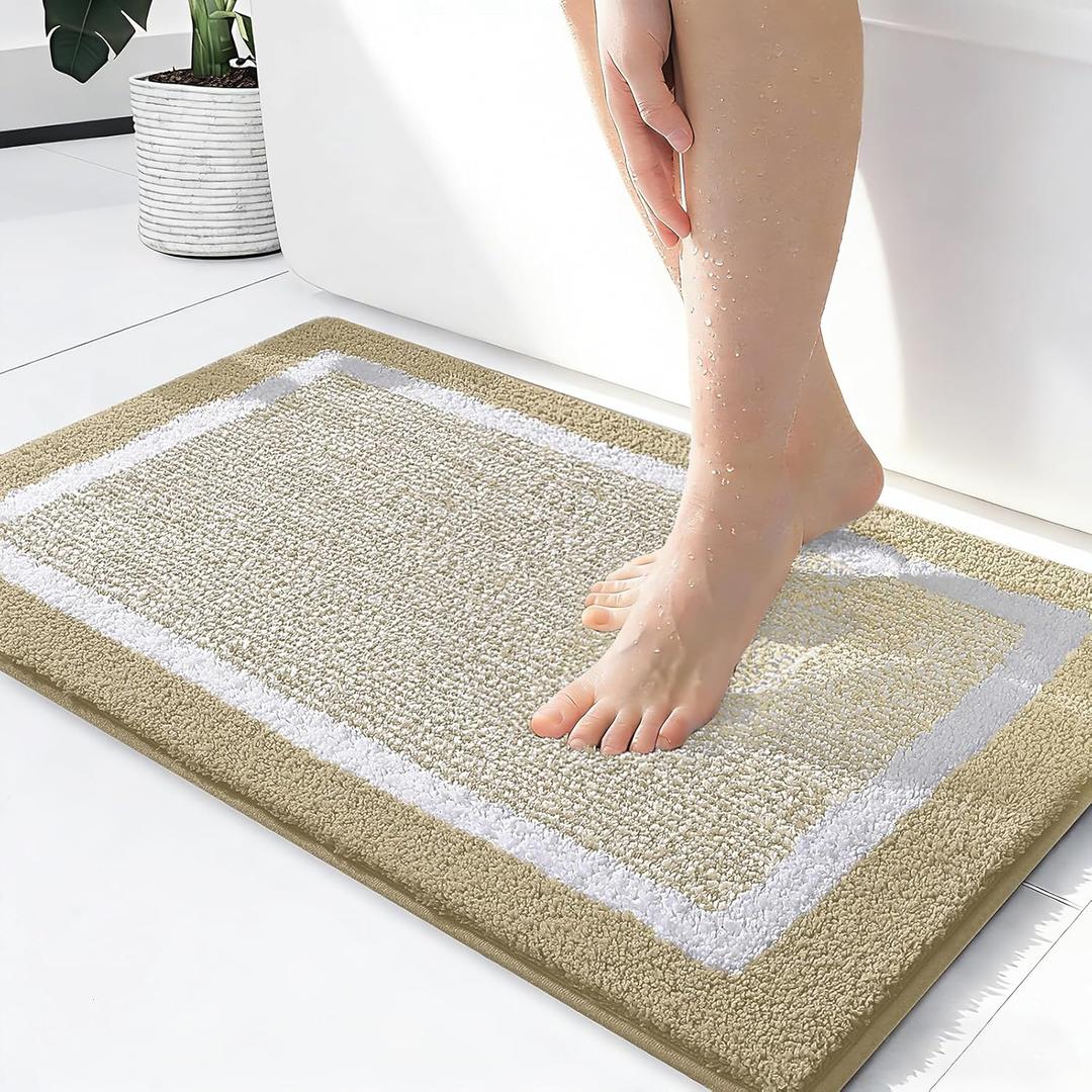 OLANLY Small Bathroom Rugs 24x16, Extra Soft and Absorbent Microfiber Bath Rugs, Non-Slip, Machine Washable, Quick Dry Shaggy Bath Carpet, Bath Mats for Bathroom Floor, Tub, Shower, Beige