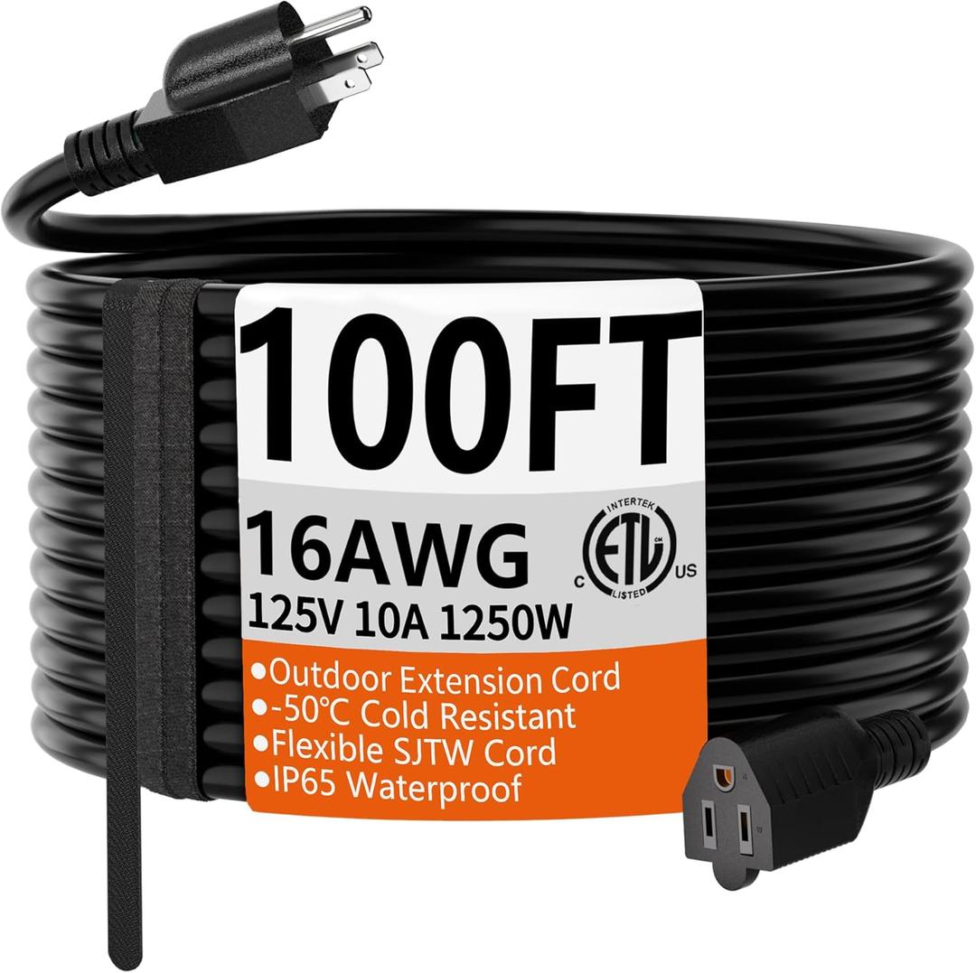 HUANCHAIN 100 FT 16 Gauge Black Indoor Outdoor Extension Cord Waterproof, Flexible Cold Weather 3 Prong Electric Cord Outside, 10A 1250W 125V 16AWG SJTW, ETL Listed