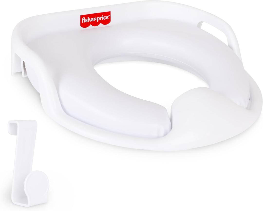 Fisher-Price Ready & Steady Potty Seat  Deluxe Soft Padded Potty Ring with Handles, Splash Guard, and Storage Hook for Toddlers Potty Training, White