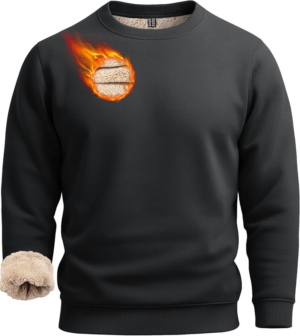 Boladeci Men's Full Sherpa Lined Crewneck Sweatshirts Heavy-weight Fleece Pullover Thick Thermal Long Sleeve Cotton (Medium, Black)