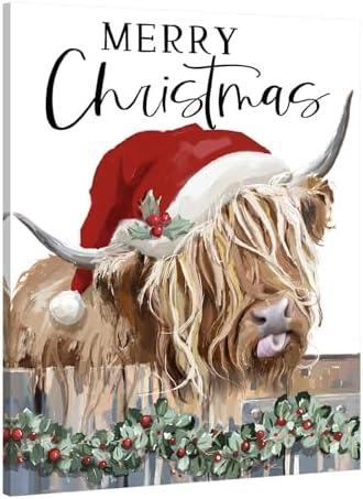 Christmas Highland Cow Wall Decor:Merry Christmas Canvas Wall Art Cow Pictures Farm Animal Prints Xmas Holiday Decorations Farmhouse Country Wall Hangings Paintings for Living Room 12x15 Inch, 2 Pack