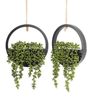 Floweroyal 2pcs Artificial Succulents Hanging Plants 12.2'' Fake String of Pearls in Pot with 8.3'' Lanyard for Indoor Outdoor Wall Decor (Black).