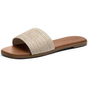 Athlefit Women's Raffia Flat Sandals Square Open Toe Comfortable Slip On Summer Beach Casual Slide Sandals Size 11