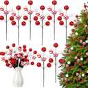 8 Pcs Red and White Christmas Tree Picks 14'' Candy Cane Tree Picks Ornaments Peppermint Christmas Decoration Glitter Berry Stems with Balls for Xmas Wreath Crafts Holiday Vase Fillers Decor