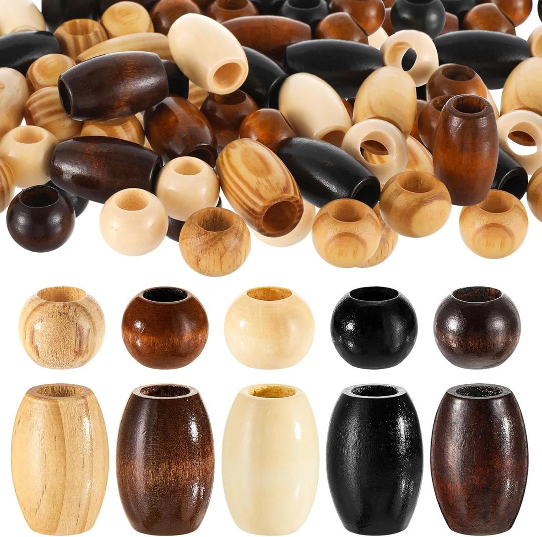 WILLBOND 130 Pieces Macrame Wooden Beads 10mm Hole Loose Beads with Hole for Macrame Making Kits Supplies Jewelry Bracelet Making Hair DIY Craft Handmade Decor(Black; Brown; Beige, Classic)