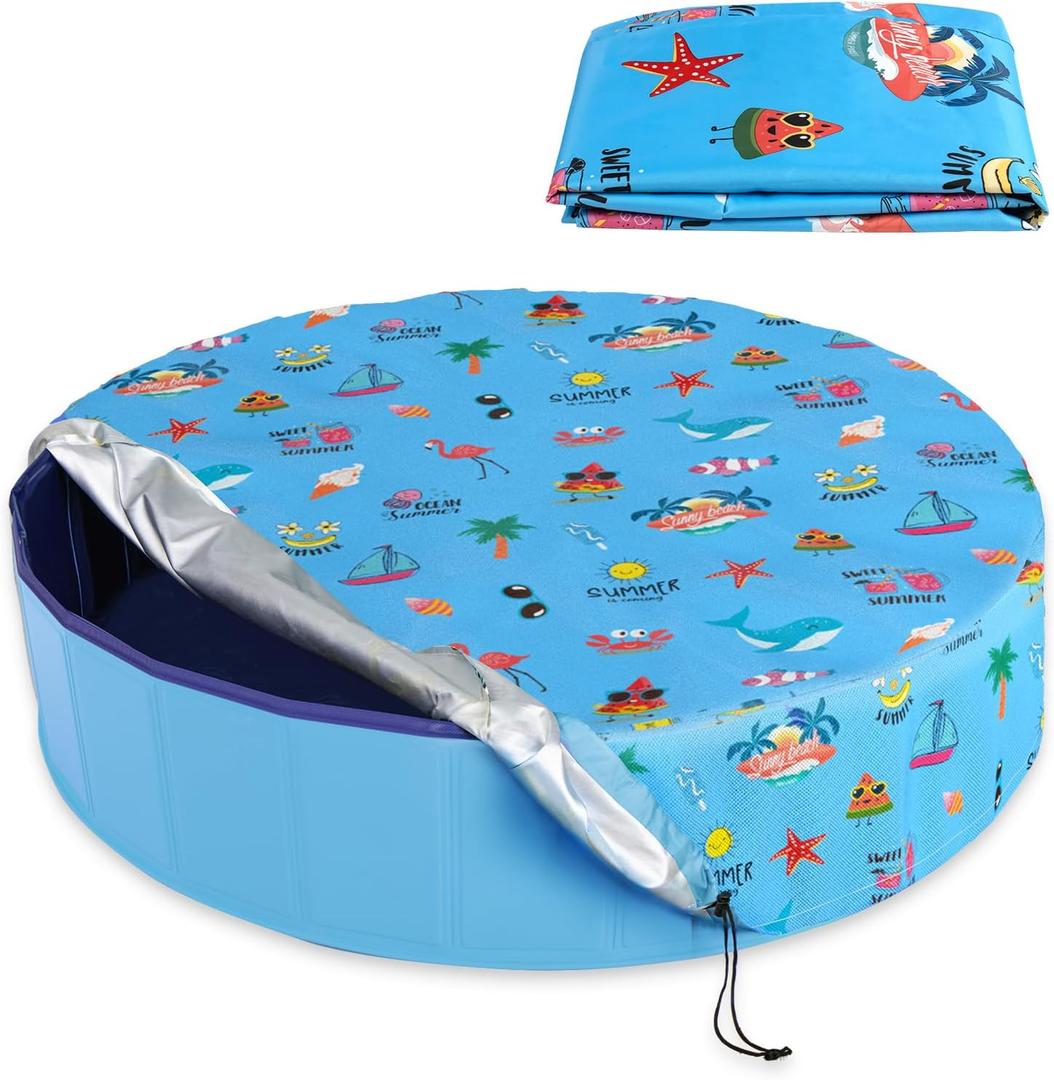 Round Pool Cover 63"(5 Ft), Foldable Kiddie Solar Cover Fit Dog Swimming Pool, Pets Kids Bath Tub, Anti-UV Dustproof Safety Pool Cover with Summer Beach Patterns