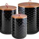 JOJUNO Black Ceramic Canister Set with Wooden Lids 3-Piece Airtight Food Storage Jars for Kitchen, Embossed Design, Small/Medium/Large Sizes (30/48/82 oz) Flour, Sugar, Coffee, Tea Containers