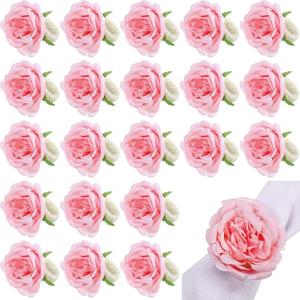 Yunsailing 24 Pcs Flower Napkin Rings Peony Floral Handmade Napkin Holder Rings Handicraft Holder for Table Decorations Wedding Holiday Banquet Luncheons Birthday Party Picnics Supplies (Pink)