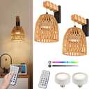 Battery Operated Wall Sconce Set of Two, Rattan Wall Sconces Battery Operated Set of 2, Boho Wall lights with Remote, Rechargeable Wall Sconce for Bedroom,Living Room, Entryway 15 Colors Dimmable