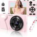 Digital Camera with Front Rear Lens, Autofocus 64MP 4K Camera for Photography with 32GB Card, Portable Compact Point and Shoot Camera for Teens Adult Beginner with Metal Shell, 2000mAh Battery (Pink)
