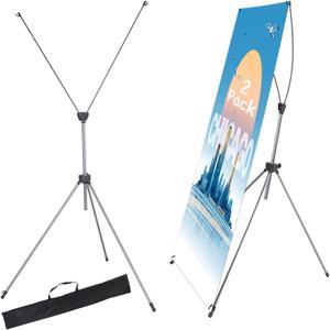 2 Pack X Frame Banner Stand Fits Any Banner Adjustable Size 23"X63" to 32"X78" with Portable Retractable Carrying Bag, Customize Stand for Trade Show Exhibition Market and Store Display, Silver