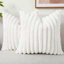 decorUhome Faux Fur Christmas Throw Pillow Covers 18x18 Set of 2, Decorative Soft Plush Striped Neutral Couch Euro Pillow Covers with Velvet Back for Sofa, Bed, Living Room Home Decor, White