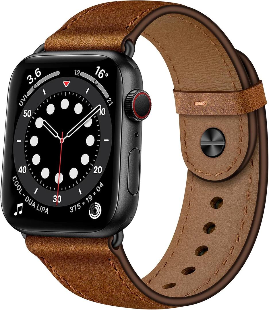 OUHENG Leather Bands Compatible with Apple Watch Band, Genuine Leather Strap for iWatch, Size: 49mm/46mm/45mm/44mm/42mm(series 3 2 1)(Retro Brown/Black)