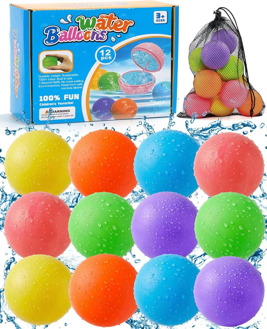 Reusable Water Balloons 12 Pcs, Quick-Fill Summer Water Toys for Pool Parties & Outdoor Beach Backyard Games, Durable Splash Balls for Kids